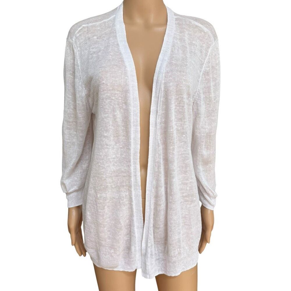 Retro-ology Linen Blend Open front White Cardigan Sweater Knit Size L
